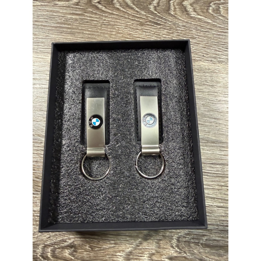 BMW Black Leather and Metal Keychains Set of 2 in Box Southpoint NEW